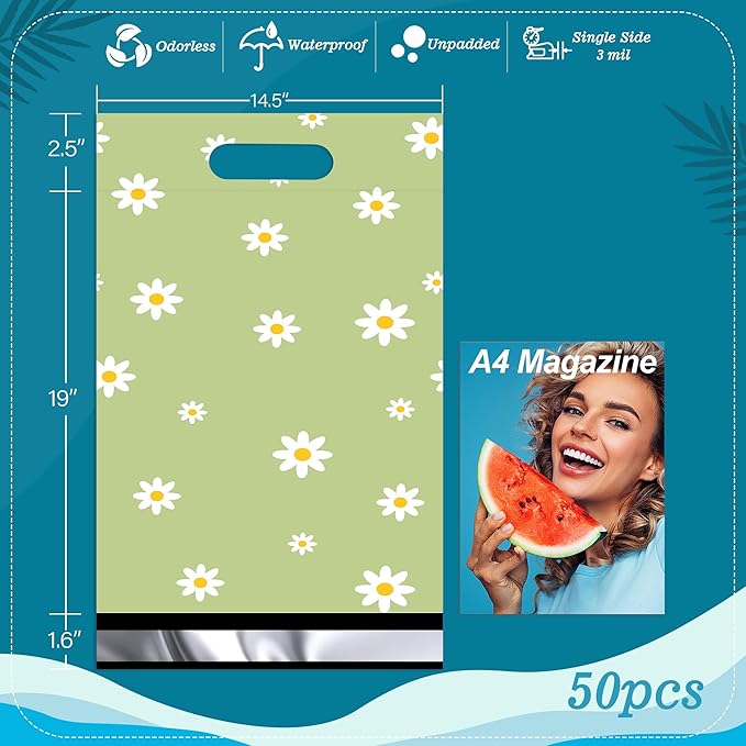 JinRuiKJ Poly Mailers with Handle 14.5x19 Inch 50 Pcs, Easy to Carry Packaging Bags for Small Business, Thank You Shipping Bags with Self Adhesive Strip, Tearproof and Waterproof - Chrysanthemum