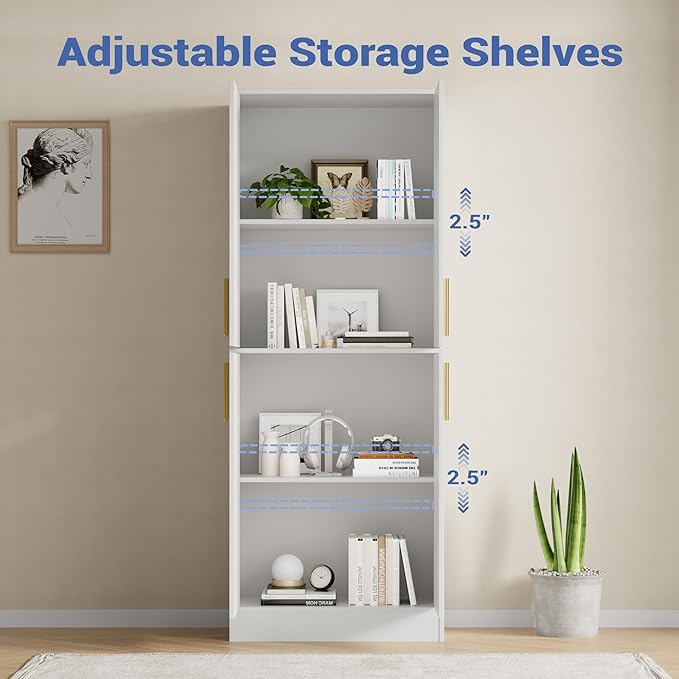 71" Tall Pantry Cabinet with 4 Doors, Kitchen Pantry Storage Cabinet, Freestanding Larder Cupboard, Kitchen Hutch with Gold Handles for Dining Room, Bathroom, White