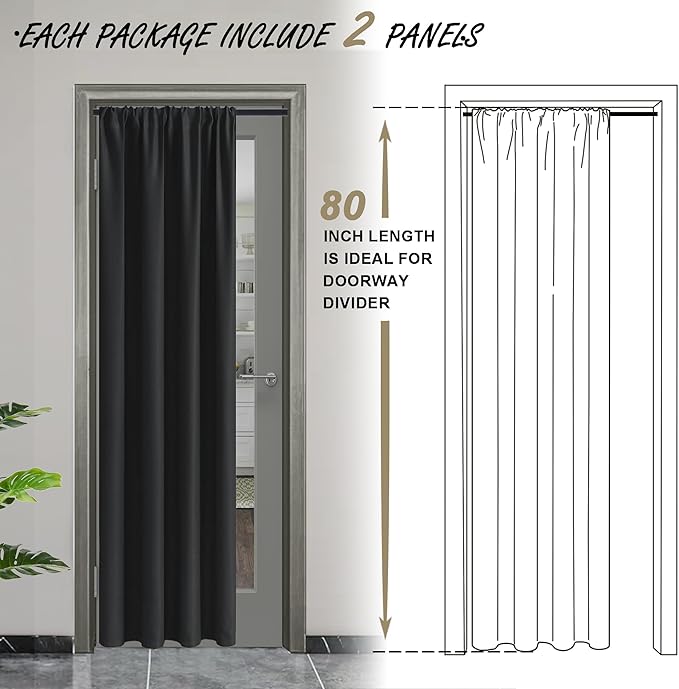 JIUZHEN Blackout Doorway Curtains 80 inch Length - 2 Panels Thermal Insulated Privacy Soundproof Rod Pocket Closet Door Curtains Room Divider for Bedroom,Office, 42 x 80 inches, Black