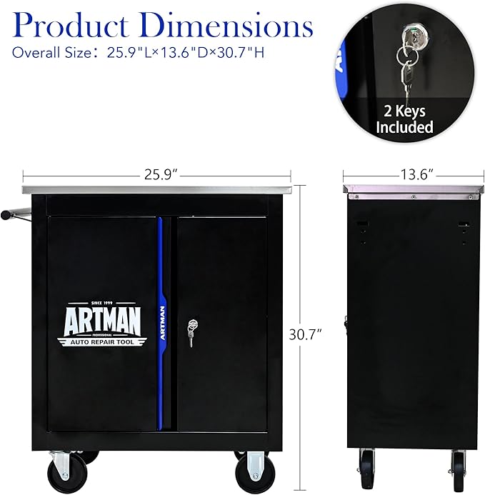Rolling Tool Chest with 2 Doors and Adjustable Shelves, 25.9" D Movable Lockable Tool Cart Multi-Functional Hardware Storage Cabinet Box Auto Repair Locker