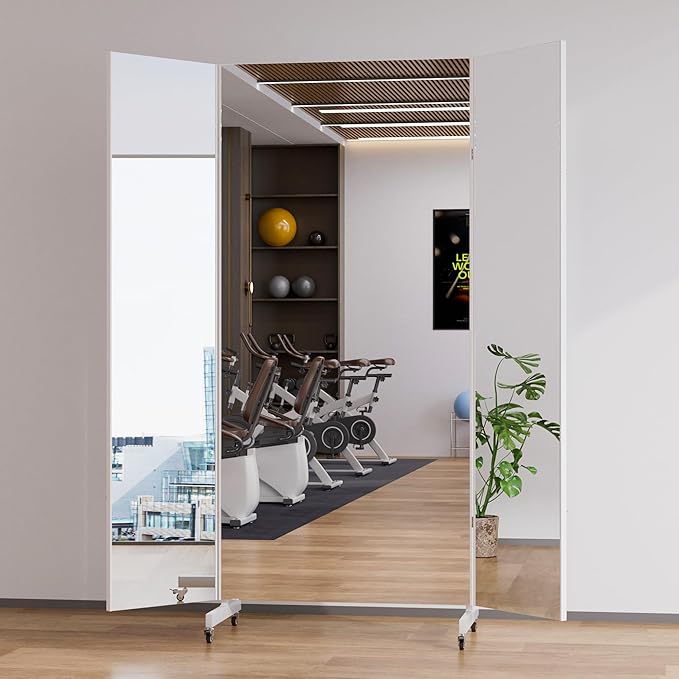 Full Length Stand Up Mirror on Wheels,63''×67'',Large Tri-Fold Floor Mirror with Stand,Movable 3-Way Full Length Standing Mirror for Gym, Dance Studio, Fitness Room, and Home (White)
