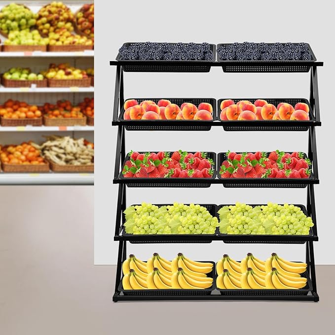 5 Tiers Retail Display Rack, Large Capacity Market Shelf Fruit and Vegetable Basket Stand Rack Set for Kitchen, Office, Store, Supremarket Utility Storage Shelves