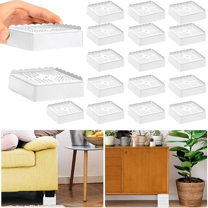 Bed Risers 1 inch, 2 inch, 3 inch, 4 inch Heavy Duty, Adjustable Furniture Riser for Table Desk Couch Sofa Chair Recliner Leg Frame Dorm, Stackable Bed Raisers Blocks (White 16 Pack, 1 inch)