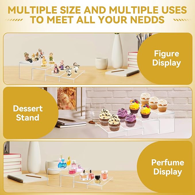 8 Pcs Large Acrylic Display Risers, 2 Sets Clear Stands, 0.19" Thick Rectangular Shelf for Showcase, Dessert, Toys, Perfume