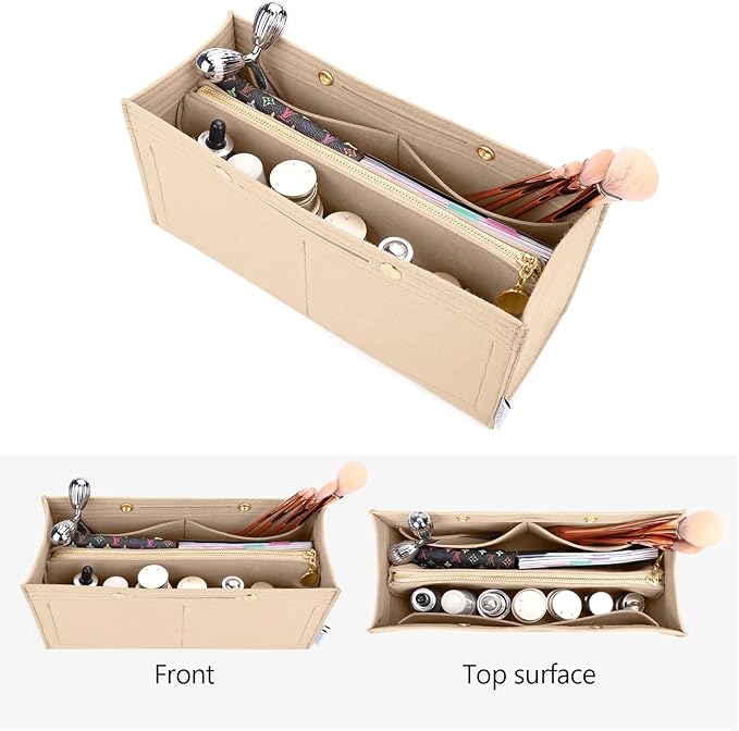 LEXSION Felt Purse Organizer Insert,Handbag Organizer with Detachalbe Zipper Pocket for ONTHEGO GM,3 Size 8034 Beige Large