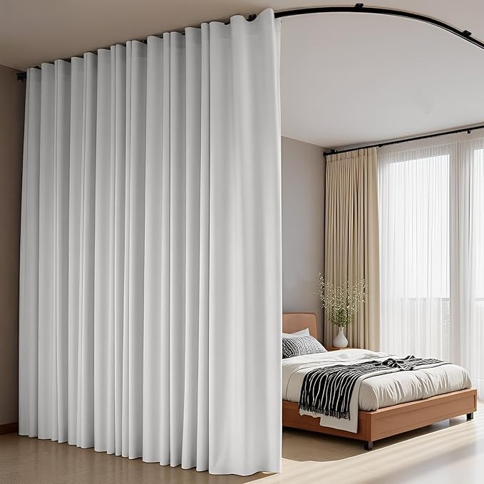 Room Divider Curtains Flexible Ceiling Tracks set Curtain track Ceiling Mount Blackout Curtain for Living Room Bedroom Ceiling Curtain Rod Privacy Divider Panel W120xH96 GreyishWhite Drape&Black rail