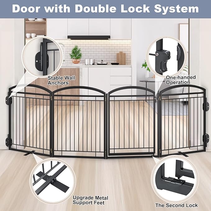 Full Metal Free Standing Dog Gate with Door for Indoor Barriers,144'' Extra Wide 32'' Tall Dog Gate for Doorways,Large Openings,Decks,Freestanding Portable Pet Fence(6 Panels,Black)