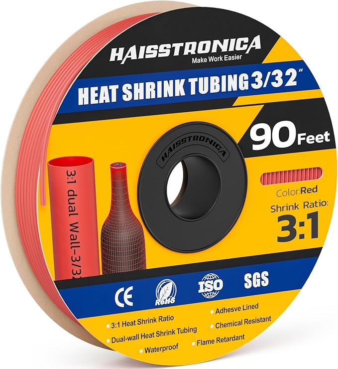 haisstronica 3:1 Heat Shrink Tubing, Shrink Ratio Adhesive Lined Marine Grade Heat Shrink Tube for Home, Automotive and Industrial (Red) 90FT 3/32inch