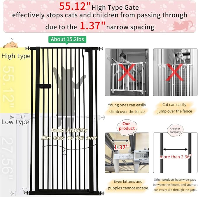 Lumizone Extra Tall Cat Gate 55.12" High Pressure Mounted Extra Wide 2025 New (17 Sizes) 1.37" Gap No Drilling Auto-Close One-Handed Operation Tall Pet Gate for Dogs(Black, 55.12" H x 50.98"-55.11" W)