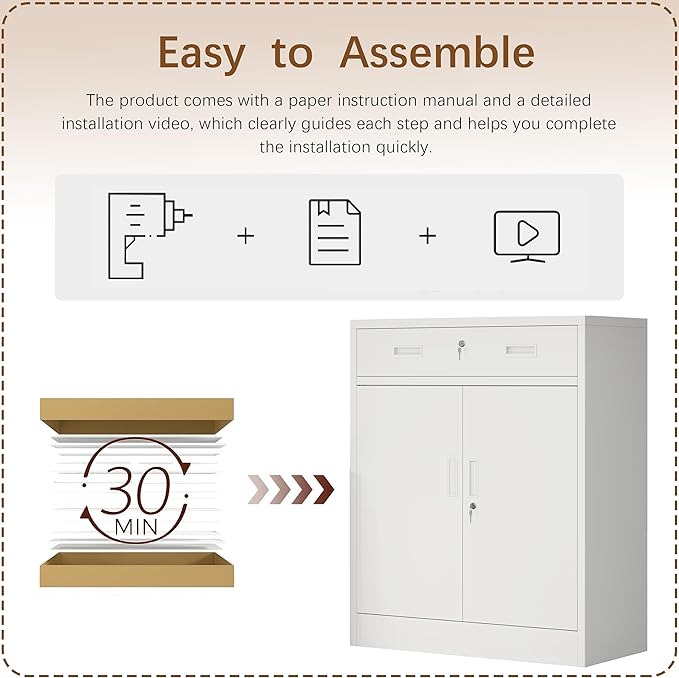 Metal Storage Cabinet with Drawer, 36" H White Locking Metal Cabinet, Adjustable Shelf File Cabinet Cabinet with Doors for Home Office, Garage, Warehouse, Laundry Room, Basement