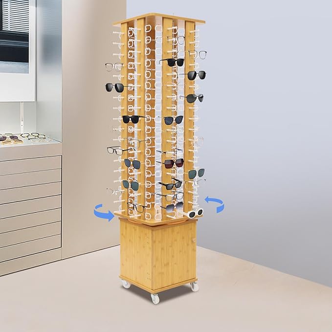 Sunglasses Display Stand, 144 Pairs Wooden 360° Rotating Sunglass Eyeglass Holder Organizer, Glasses Hanger Storage Rack for Retail Commercial Display, W14.6*H66.1in (Yellow)
