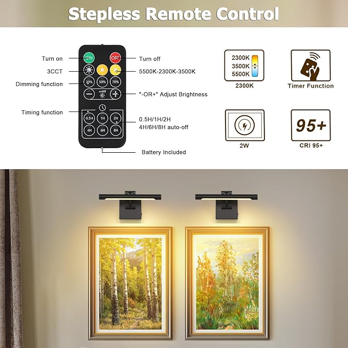 Joosenhouse Battery Operated Picture Light (2-Pack), 5000mAh Rechargeable Wall Light, Wireless Art Display Light with Remote Timer and Dimmer, 12.6-Inch Black Painting Light