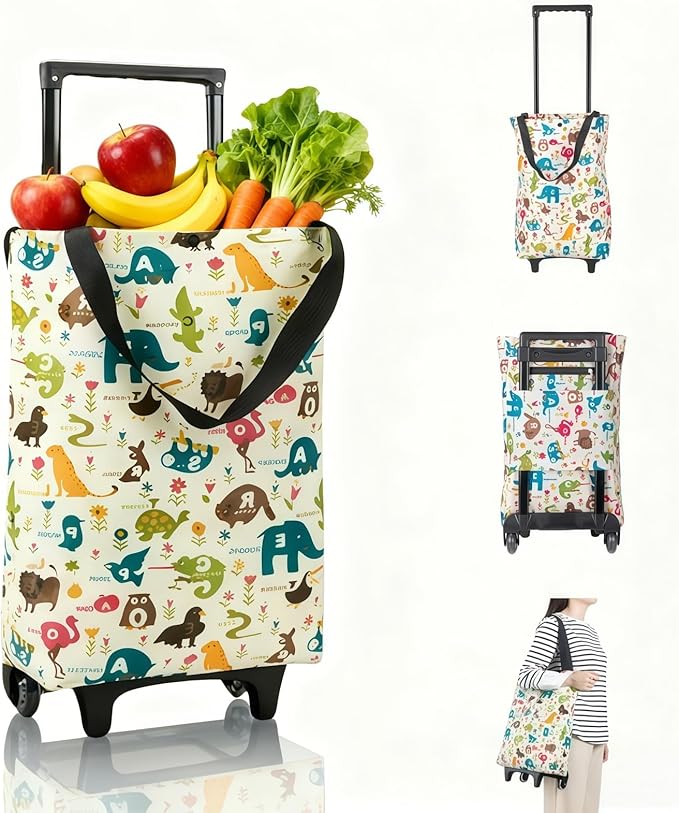 Portable Shopping cart Foldable with Wheels,Folding Shopping Cart Tote Bag Trolley Grocery Carts for Outdoors Reusable Grocery Bags Travel Bag (Beige)