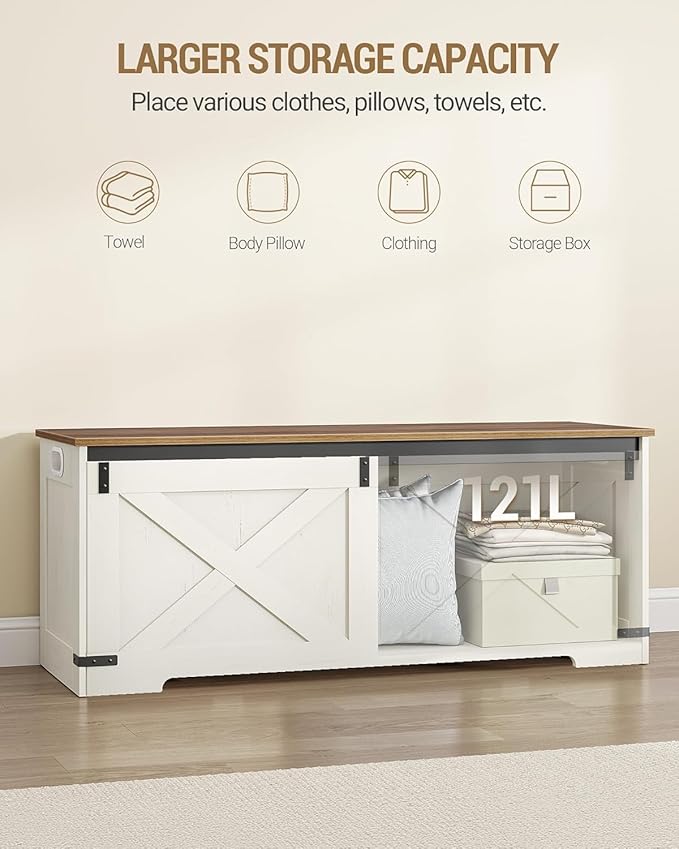 47.2" Storage Chest, Large Storage Trunk with 2 Hinges, Farmhouse Wooden Box Bench, Lift-Top Organizer Chest, Entryway Trunk for Bedroom, Living Room, White and Brown SB12114X