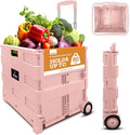 Inspired Living Ultra-Slim Rolling Collapsible Storage Pack-N-Roll Utility-carts, with Telescopic Handle, for Home, Garden, Shopping, Office, School use, Large, Raspberry Pink