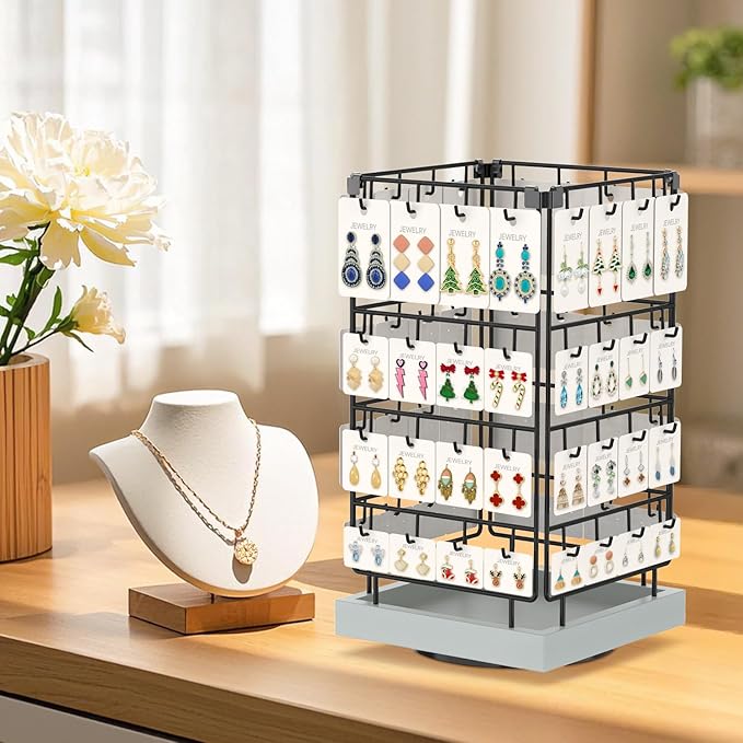 EsLuker.ly Rotating Earring Display Holder Stand for Vendors Events Selling, Large Capacity 64 Hooks Jewelry Rack with Wooden Base for Earring Card Sales, Enhances Retail Visibility (Light Grey)