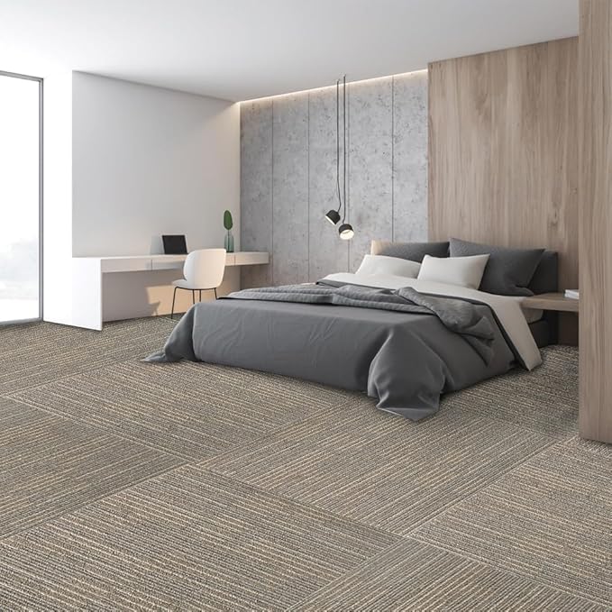 Heavy Duty Commercial Carpet Tiles 24" x 24", 18 Pcs/72 sq ft (FlexLok tabs Included),Non-Slip Soft Square Carpet Floor Tile for Office Bedroom Living Room Kitchen Garage Gym (Khaki)