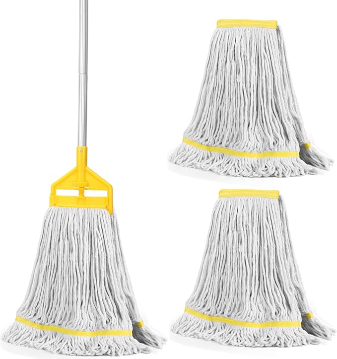 Commercial Industrial Mop Heavy Duty with 3 Replacement Head,Looped-End String Wet Mops with Long Handle for Floor Cleaning, Cotton Mop for Home Garage Office Workshop Warehouse Concrete Floor