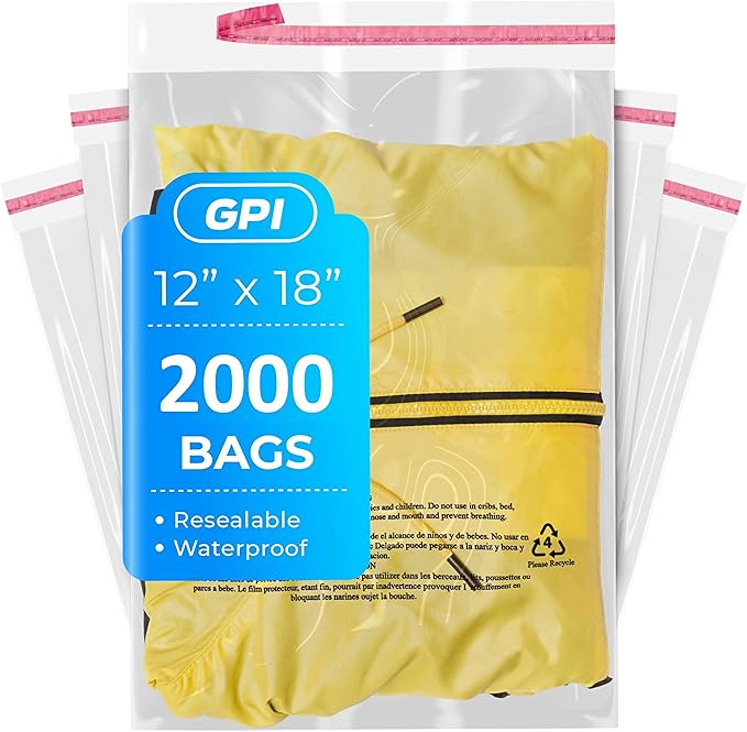 12" x 18" Self Seal Resealable Poly Bags - Case of 2000, Peel & Seal Reclosable Polybags with suffoaction Warning and Adhesive Strip for Packaging & Shipping Clothes, Shirts & More - GPI