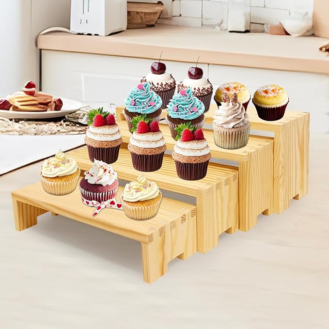 Large Display Wood Risers Wooden Stand 4 Tier Wood Racks, 2 Set 8 Pieces Cupcake Stands Cologne Perfume Organizer Dessert Stands for Vendors Event