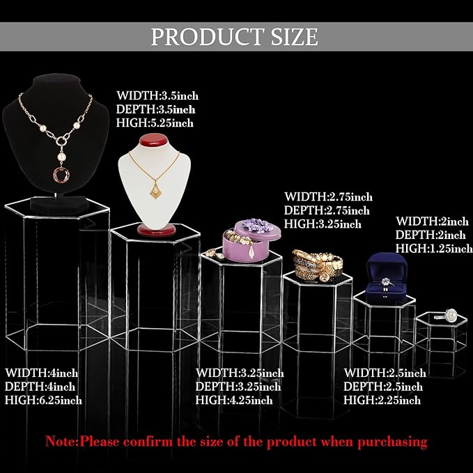 Jetec Hexagonal Jewelry Display Risers Hexagonal Market Display Risers Stands Acrylic Showcase Acrylic Stand for Jewelry Model Figures Decoration, 6 Sizes(Clear,24 Pieces)