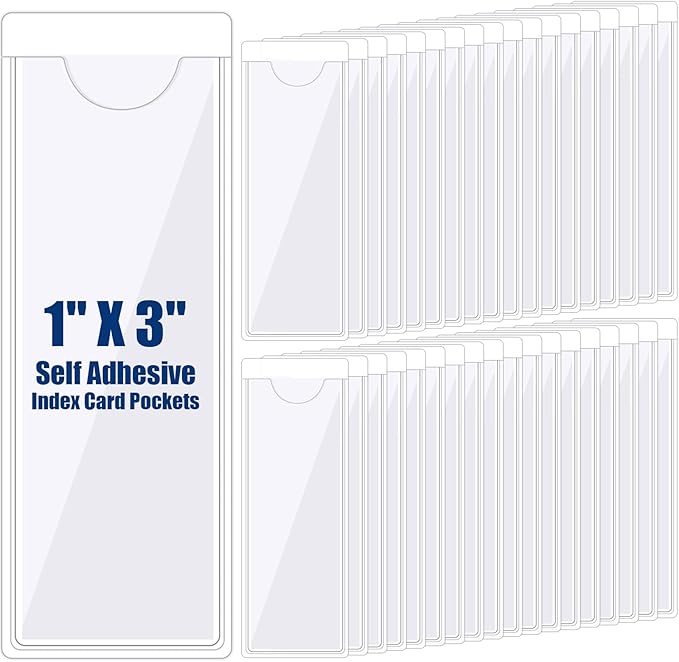 Chinco 50 Pack Clear Adhesive Pockets, Labels for Storage Bins, Plastic Self Adhesive Index Card Holder with Top Open for Organizing Bins Box Drawer(1.2 x 3.35 Inches)