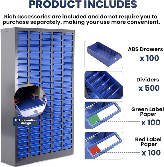 100-Drawer - Nut and Bolt Organizer | Stainless Steel Part Storage Cabinet | Shelves & Labels | Each Drawer 3.9" D x 7.8W x 2" H | Durable Hardware Storage for Small Parts/Tool (Classroom, Home)