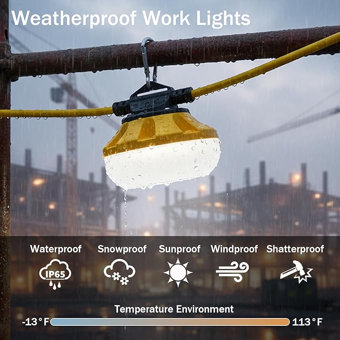 120FT LED Construction String Lights, 12 Bulbs Waterproof Linkable Industrial String Work Lights & Hooks, 5000K Daylight Temporary Lighting for Jobsite Attic Cralspace