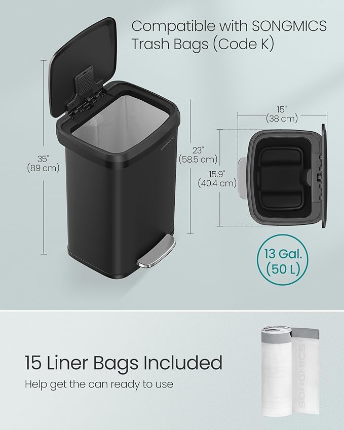 SONGMICS Kitchen Trash Can, 13 Gallon (50 L) Stainless Steel Garbage Can, with Stay-Open Lid and Step-on Pedal, Soft Closure, Tall, Large and Space-Saving, Black ULTB530B50