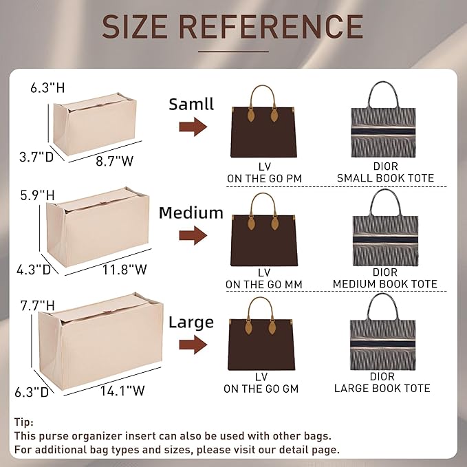 Doxo Purse Organizer Insert, Felt Tote Bag Insert with Zipper, Compatible with Dior Book Tote Medium & Onthego MM 35 and More(Beige-With Cover)