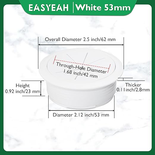 5 Pcs Desk Grommet 2-1/16" / 53 mm, Desk Hole Cover for Cables White, Cable Grommet ABS Plastic, Desk Hole Grommet for Home & Office Pc, Detachable Cable Cord Organizer