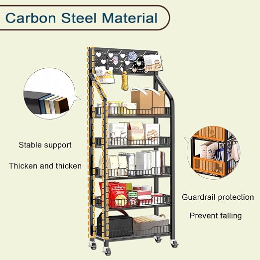 5 Tier Snack Rack Display Stand, Metal Retail Display Rack with Wheels and 15 Hooks, Snack Cart Organizer for Supermarkets Convenience Stores Home Kitchens