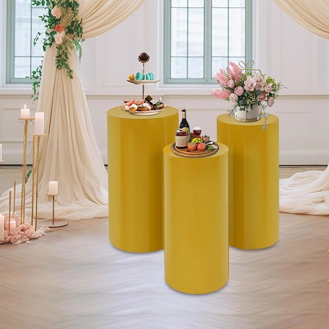 OUKANING 3 PCS Metal Display Pedestal Stands, Cylinder Gold Display Stands Pillars, Decoration Cube Sculpture Display Column for Wedding Party Baby Shower Birthday, H27.56'', 26'', 23.62''