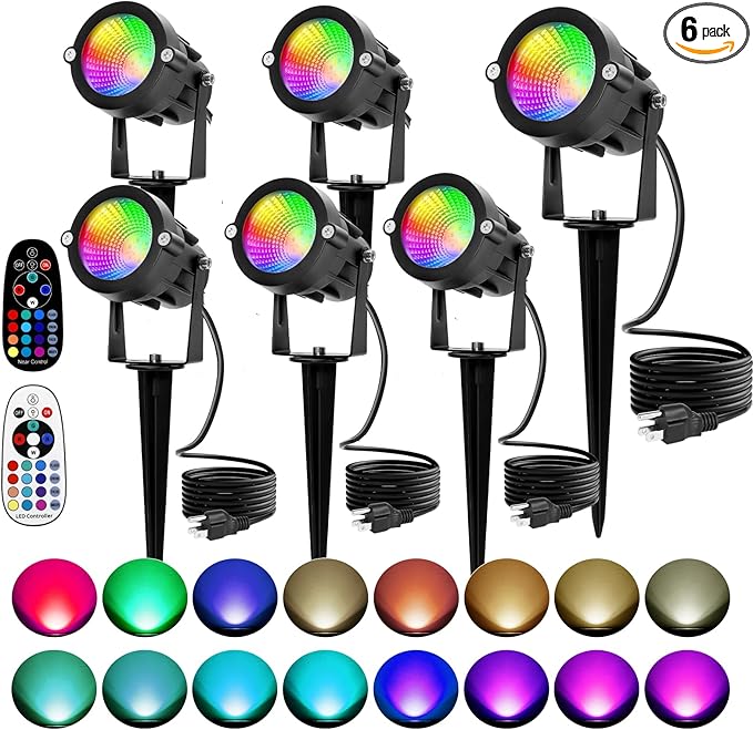 Halloween Christmas Spotlights Outdoor: RGBW Spotlights Plug-in 120V Remote Control 16 Color Changing Waterproof LED Landscape Spot lights for Yard Garden Lawn House Décor, 6 Pack (RGB + Warm Light)