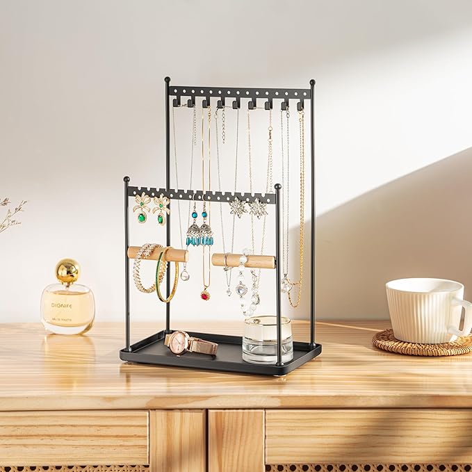 Jewelry Tower Necklace Holder Organizer – 3-Tier Jewelry Display Rack with Storage Tray – Holds 22 Pairs of Earrings, Bracelets, Rings, Necklaces – Gift for Girls & Women, Black