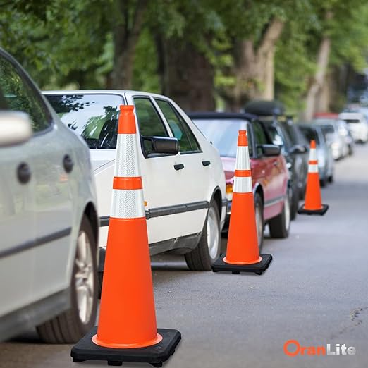 Fluorescent Orange/Green PVC Traffic Cones, Heavy Black Base Parking Lot Cone Structurally Stable Weatherproof Road Construction Safety Cones (4, Orange, 36" Extra Large)