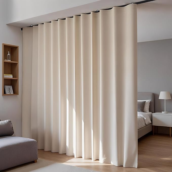 Room Divider Blackout Curtains Flexible Sliding Tracks Sets Ceiling Mounted Rod Window Curtain Privacy Separation for Bedroom Living Rooms,1 Panel Beige Drape and Black Track Set-W144xH72 in