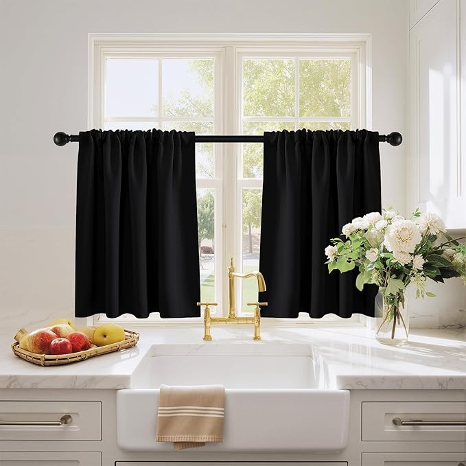 PONY DANCE Black Kitchen Curtains Over Sink 24 inch Long for Small Windows, Black Out RV Bunk Panels, Solid Half Window Short Drapes Tiers for Bathroom Camper, Width 29 x Length 24 inches, 2 Panels