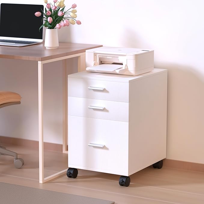 3 Drawer Mobile File Cabinet on Wheels,White fully assembled Rolling Storage Organizer for Letter/A4 Files, Ideal for Office, Home, Classroom Organization,Printer Stand,19" L x 16" W x 22" H