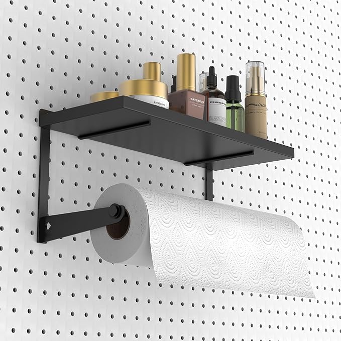 Pegboard Paper Towel Holder with Shelf, Heavy Duty Peg Board Accessory, Metal Pegboard Organizer Accessories for Garage, Workshop, Craft Room