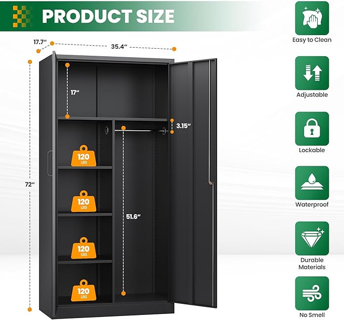 Broom Closet with Lock, Metal Storage Cabinet 36" Wide, 5-Tier Steel Utility Cabinet with Hanging Rod & Doors for Garage, Laundry Room, Warehouse Storage