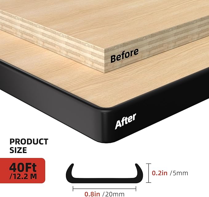 U-Shape Edge Banding, 0.8 inch x 40ft Edge TPE Self Adhesive Veneer Edging Trim Flexible Edge Protector, Strip for Countertop Cabinets Table Restoration Shelves, Black