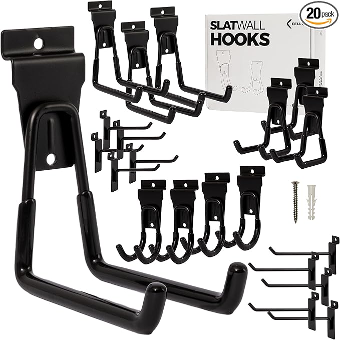 FELLER Slatwall Hooks and Slatwall Accessories - 20 Pack Premium Heavy Duty Single and Double Slatwall Hooks & Hangers for Efficient Storage, Used as Proslat Accessories