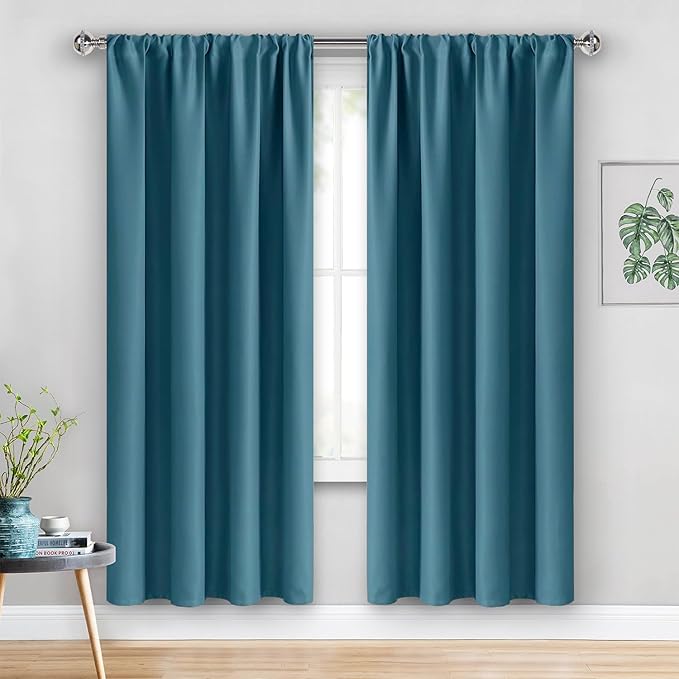 JIUZHEN Blackout Curtains for Bedroom– Thermal Insulated,Noise Reducing Room Darkening Rod Pocket Curtains for Living Room, Set of 2 Panels with Tiebacks, 42 x 72 inch Long, Stone Blue
