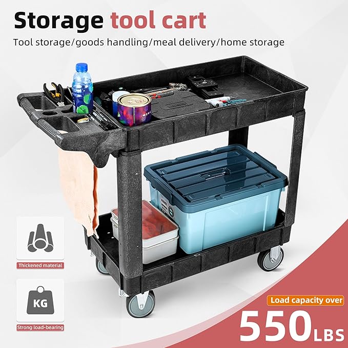 Heavy Duty Utility Service Cart 2 Shelves 550 Pounds Capacity Rolling Workshop Cart with Wheels Parts Cart for Maintenance Professional Worker Garden Garage (2 Tier, 40.5"D x 17.3"W x 34"H)