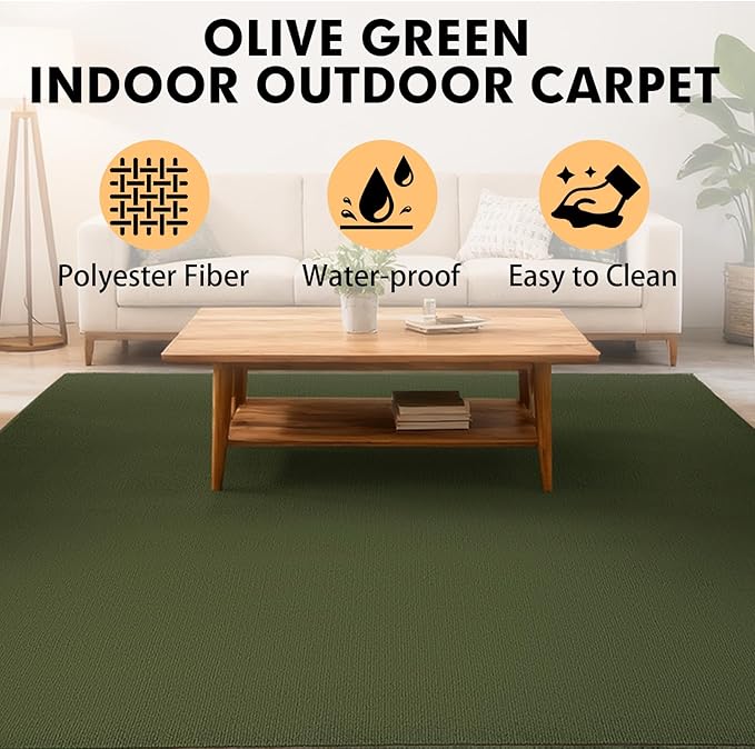 Marine Carpet,5 FT x 10 FT Olive Green Indoor Outdoor Carpet 0.2" Thick with Water-Proof TPE Backing, Non-Slide for Home, Patio, Porch, Deck