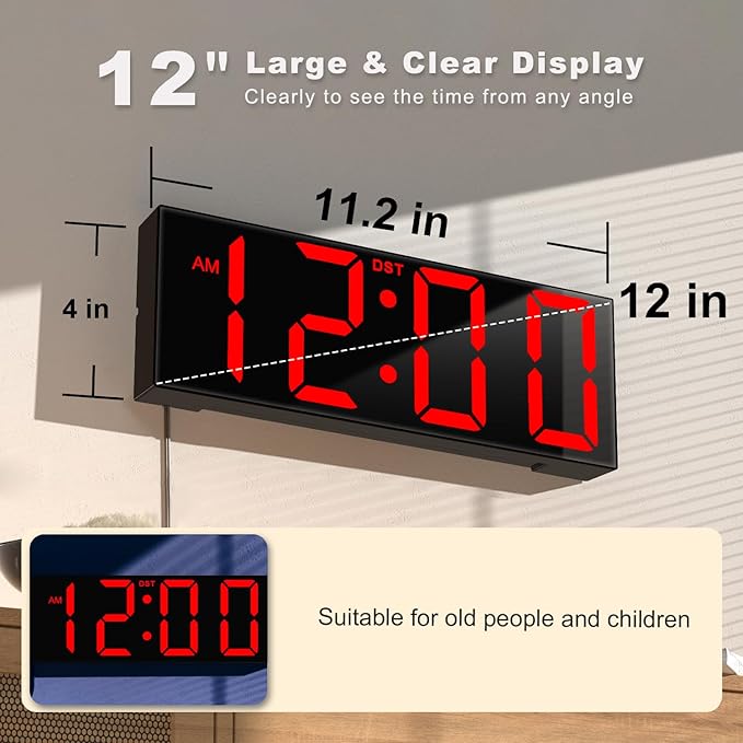 JALL 12'' Large Digital Wall Clock, Big LED Number Dispaly, RGB Colors, DST, Night Light for Classroom Living Room Bedroom Mounted Birthday Xmas Gift for Senior, Black Shell, Red Font