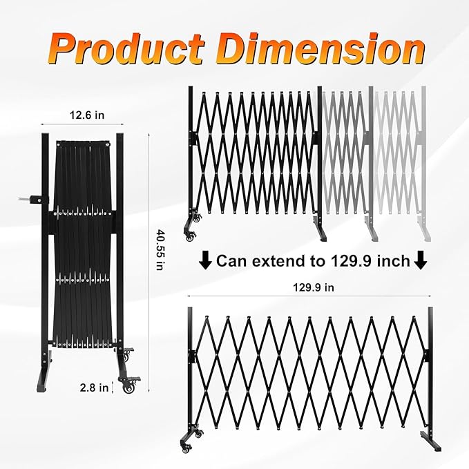 SMONTER Expandable Barricade Gate, 129" Metal Safety Barrier Gate with Casters, Accordion Garden Yard Fence Portable Dog Gates with Latch Indoor Outdoor