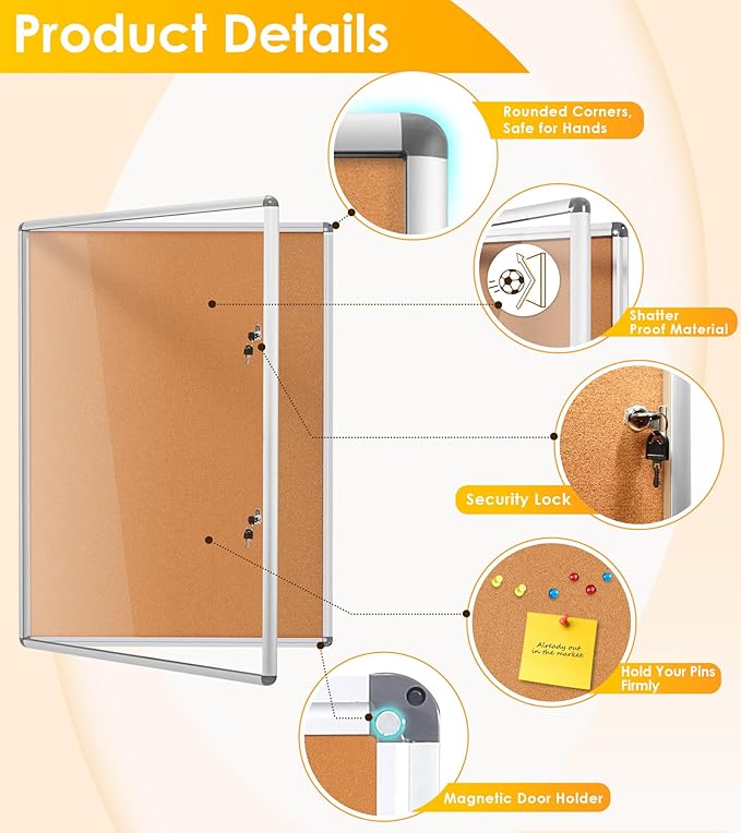 SWANCROWN Enclosed Bulletin Board 48x36 in, Tamperproof Lockable Cork Board Wall Display Case with 2 Locks for Office School Home, Aluminum Frame