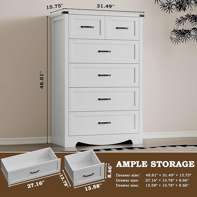 Tall 6-Drawer Dresser for Bedroom, Modern Wooden Chest of Drawers with Metal Handles, Anti-Tipping Design, Sturdy and Stable Storage Organizer for Living Room, Entryway, Home Office